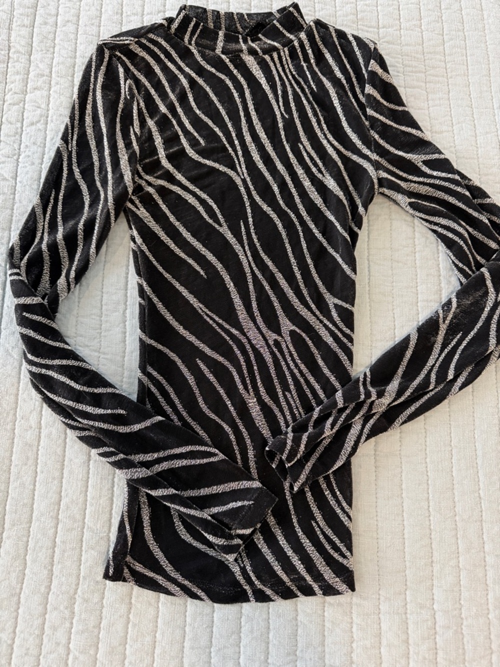 Black Metallic Zebra-Print Long-Sleeve Mock Neck Top